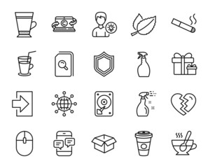 Vector set of Spray, Login and Smoking line icons set. Computer mouse, Cleaning spray and Person idea icons. Cocktail, Latte and Opened box signs. Spray web symbol. Vector