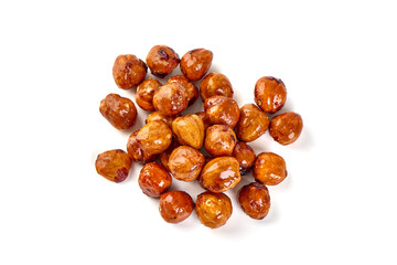 Roasted Hazelnuts with caramel, isolated on white background.