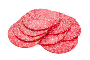 Smoked salami slices, isolated on white background.