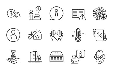 Line icons set. Included icon as Loan percent, Time hourglass, Avatar signs. Instruction manual, Mattress, Thermometer symbols. Buildings, Ice cream, Coronavirus. Loyalty gift, Payment. Vector