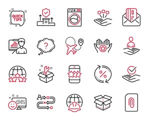 Vector Set of Technology icons related to Global engineering, Open box and Favorite icons. Airplane, Loan percent and Attachment signs. Spanner, Question mark and Journey path. Quick tips. Vector