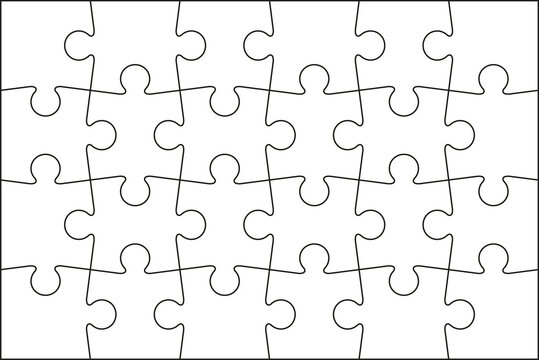 Puzzle pieces. Jigsaw outline grid. Simple background with 4x6 shapes. Thinking mosaic game. Laser cut frame. Vector illustration.