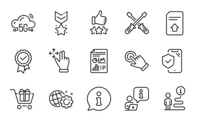 Technology icons set. Included icon as Move gesture, Winner medal, Phone insurance signs. Rating stars, Touchscreen gesture, 5g cloud symbols. Shopping cart, Report document, Upload file. Vector