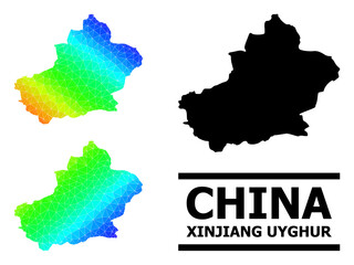 Vector low-poly rainbow colored map of Xinjiang Uyghur Region with diagonal gradient. Triangulated map of Xinjiang Uyghur Region polygonal illustration.
