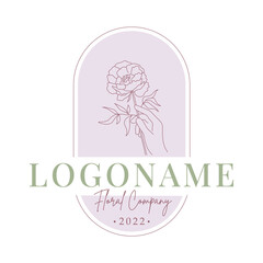 Floral Company Logo Design. Vector line logotype of flower shop. Minimalistic line drawing of anemone in a hand. Line art. Print design, logo design template. Floristic, botanical illustration