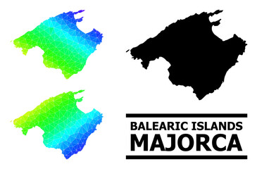 Vector low-poly spectrum colored map of Majorca with diagonal gradient. Triangulated map of Majorca polygonal illustration.