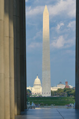 Washington DC monuments including the Capitol and Washington Monument as seen between columns of Lincoln Memorial