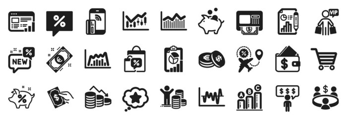 Set of Finance icons, such as Loyalty star, Money diagram, Vip shopping icons. Wallet, Market sale, New signs. Budget profit, Graph chart, Savings. Sale bags, Web report, Piggy bank. Atm. Vector
