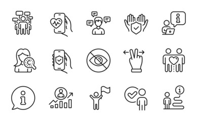 People icons set. Included icon as Verification person, Not looking, Friends couple signs. Collagen skin, Career ladder, Conversation messages symbols. Touchscreen gesture, Cardio training. Vector