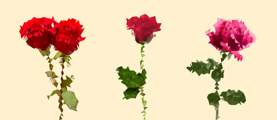 Three rose flower with stem triangle geometric low poly based vector isolated stylized illustration