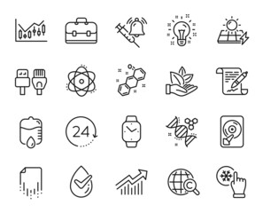 Vector set of Agreement document, Atom and Computer cables line icons set. Recovery file, Hdd and Financial diagram icons. Organic product, Idea and Dermatologically tested signs. Vector
