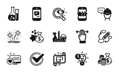 Vector set of Confirmed, Loan and Keywords icons simple set. Multitasking gesture, Time management and Fireworks icons. Vision test, Heart and Chemistry lab signs. Confirmed simple web symbol. Vector