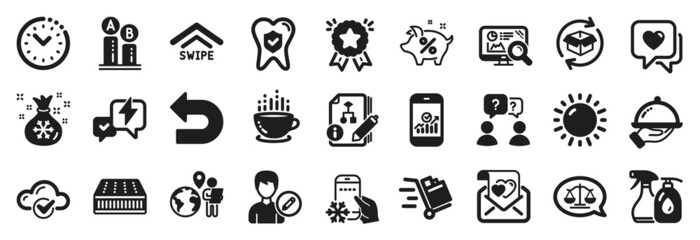 Set of Business icons, such as Coffee cup, Sunny weather, Loan percent icons. Love letter, Smartphone statistics, Santa sack signs. Heart, Seo analytics, Ab testing. Edit person, Push cart. Vector