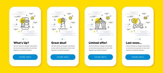Fototapeta premium Vector set of Marketplace, Lighthouse and Circus tent line icons set. UI phone app screens with line icons. Flood insurance icon. Online shop, Searchlight tower, Attraction park. Full coverage. Vector