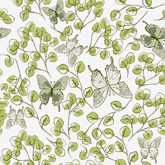 Seamless pattern with green leaves and butterflies. Spring pattern. Print for fabric, wrapping paper, wallpaper. Doodle pattern