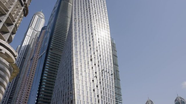 Dubai Marina Entrance Buildings Close Up Pan Up