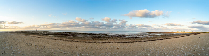 Panoramic view of Re island beaches at sunrise with a very calm sea. beautiful minimalist seascape