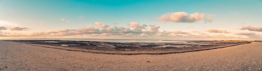 Panoramic view of Re island beaches at sunrise with a very calm sea. beautiful minimalist seascape....