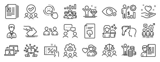 Set of People icons, such as Businessman, Approved group, Dislike icons. Employees wealth, Court jury, Discount coupon signs. Myopia, Thumb down, People chatting. Teamwork results. Vector