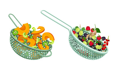 Vegetables in kitchen colander set. Strainers full of pumpkin, pepper, currant, gooseberry, raspberry fresh berries and vegetables. Healthy organic food vector illustration