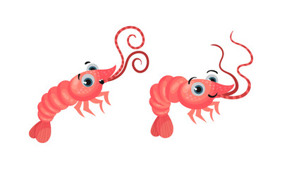 Set of cute shrimps. Funny cheerful prawn crustaceans creatures vector illustration