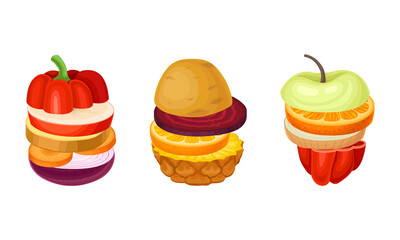 Set of sliced fruit and vegetables. Pineapple, apple, pepper, onion, orange, beetroot, potato round slices in stack vector illustration