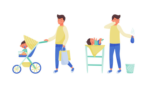 Daddy Caring For His Baby Set. Father Changing Baby Diaper On Table And Walking With Stroller Vector Illustration