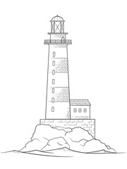 Drawing of classic lighthouse building - black and white illustration