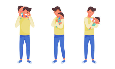 Obraz premium Daddy caring for his little son set. Father hugging and playing with toddler baby vector illustration