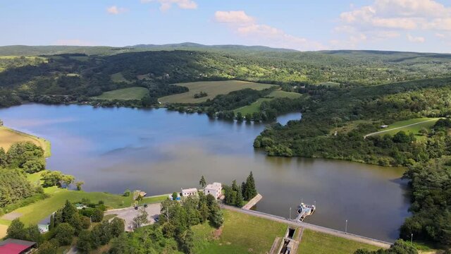 Aerial view of the Lipovina reservoir in the village of Batovce in Slovakia