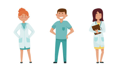 Obraz premium Smiling Man and Woman Doctor with Stethoscope Wearing Medical Uniform Vector Set