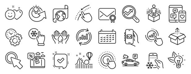 Set of Technology icons, such as Click here, Augmented reality, Refrigerator app icons. Graph chart, Translation service, Mail app signs. Click hand, Calendar, Swipe up. Time management. Vector