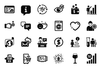 Vector Set of Business icons related to Dollar exchange, Dryer machine and Share mail icons. Fireworks explosion, Bordeaux glass and Seo statistics signs. Drag drop, Wind energy and Smile. Vector