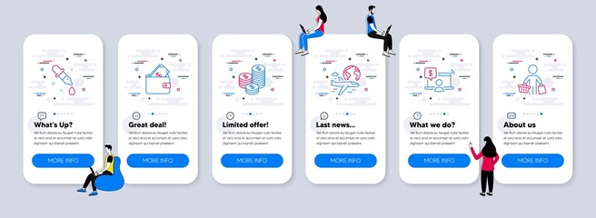 Business icons set. UI phone app screens with teamwork. Included icon as Wallet, Coins, International flight signs. Chemistry pipette, Online shopping, Buyer line icons. Vector