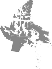 Fototapeta premium Gray flat blank vector administrative map of the regions of Canadian territory of NUNAVUT, CANADA with white border lines of its regions