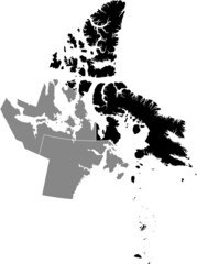 Obraz na płótnie Canvas Black flat blank highlighted location map of the QIKIQTAALUK-BAFFIN Region inside gray administrative map of the Canadian territory of Nunavut, Canada