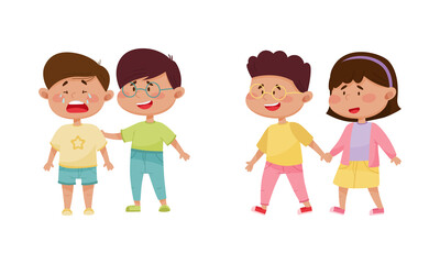 Friendly Little Kids Holding Hands and Soothing Crying Agemate Vector Set