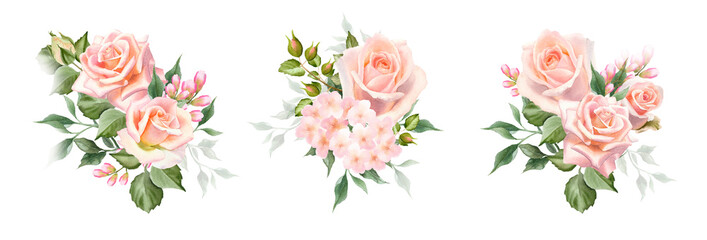 Set of watercolor rose flower bouquet. Blush floral illustration for stationery, wedding invitation, greeting card, blog decoration.