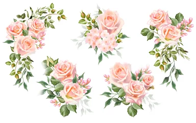Fototapete Blumen Set of watercolor rose flower bouquet. Blush floral illustration for stationery, wedding invitation, greeting card, blog decoration.