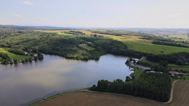 Aerial view of the Lipovina reservoir in the village of Batovce in Slovakia