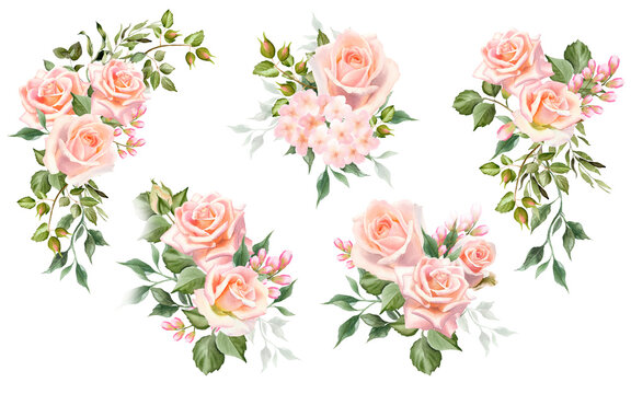 Set of watercolor rose flower bouquet. Blush floral illustration for stationery, wedding invitation, greeting card, blog decoration.