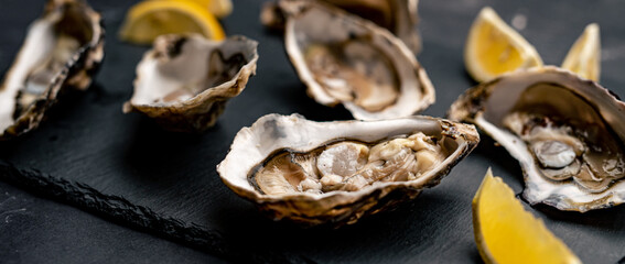 Oysters with lemon on platter
