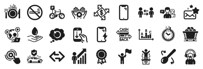 Set of Business icons, such as Survey results, Favorite mail, Payment exchange icons. Cashback card, Success, Winner podium signs. Time, Water care, Smartphone. Support, Coal trolley, Sync. Vector