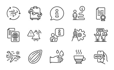 Line icons set. Included icon as Certificate diploma, Luggage, Online voting signs. Almond nut, Airplane travel, Wind energy symbols. Attention bell, Doppio, Voting campaign. Rubber gloves. Vector