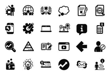 Vector Set of Technology icons related to Ranking, Refresh mail and Reject file icons. Rating stars, Talk bubble and Idea signs. Pyramid chart, Video conference and Online accounting. Vector
