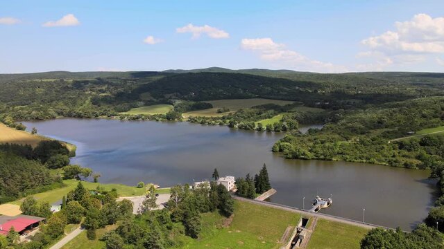 Aerial view of the Lipovina reservoir in the village of Batovce in Slovakia