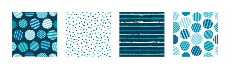 Set of vector patterns in blue tones. 4 backgrounds with stripes and polka dots.