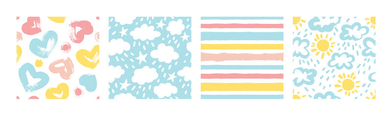 Set of vector patterns in pastel colors. 4 backgrounds with hearts, stripes, with the sun and clouds.