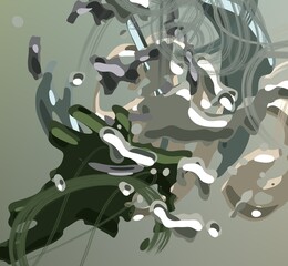 Cartoon water liquid particles droplets. Abatract painting. 2d illustration. Frozen motion small particle molecules. © Jakub