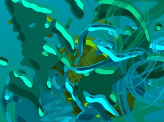 Cartoon water liquid particles droplets. Abatract painting. 2d illustration. Frozen motion small particle molecules. © Jakub